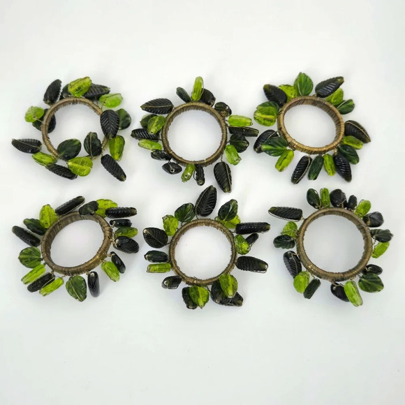 SET OF 6 Crate & Barrel Green Beaded Leaves & Gold Napkin Rings - Picture 2 of 3